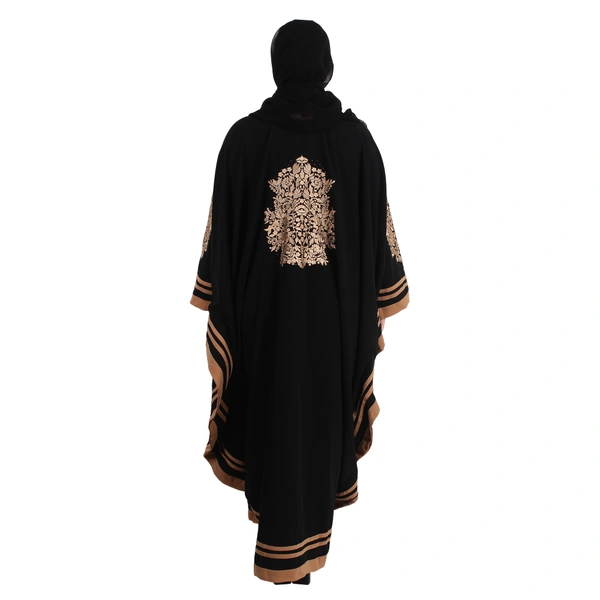 Humeira Abaya Dubai Style Side Patti Embroidery Irani Abaya in Al Nida Fabric - 54, Black, 300 gms