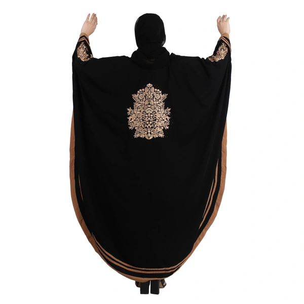 Humeira Abaya Dubai Style Side Patti Embroidery Irani Abaya in Al Nida Fabric - 54, Black, 300 gms