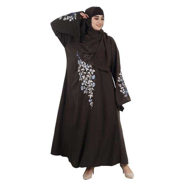 Humeira Abaya Dubai Leaf Style Embroidery Work Burkha in Al Firdous Fabric - 54, Brown, 300 gms