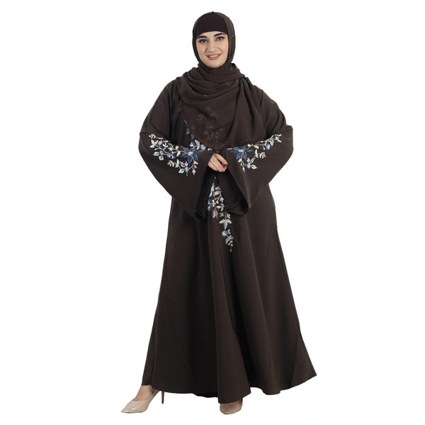 Humeira Abaya Dubai Leaf Style Embroidery Work Burkha in Al Firdous Fabric - 54, Brown, 300 gms