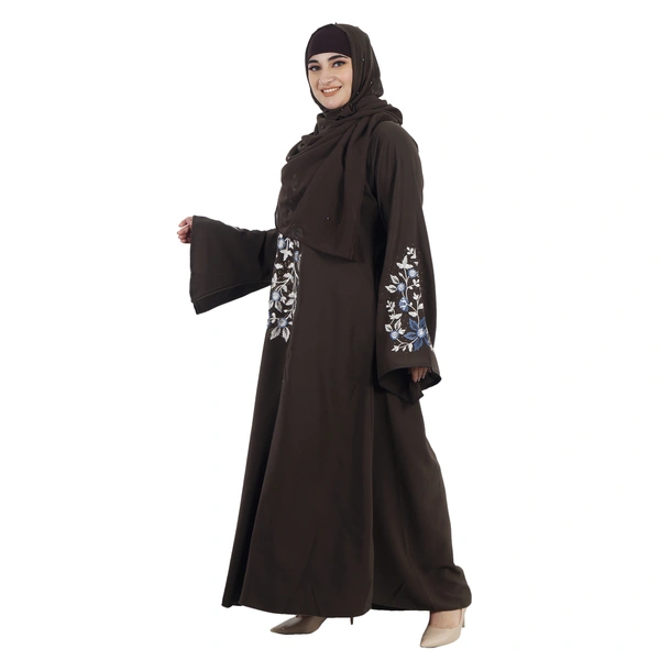 Humeira Abaya Dubai Leaf Style Embroidery Work Burkha in Al Firdous Fabric - 54, Brown, 300 gms