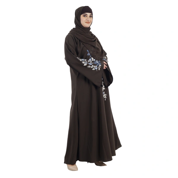 Humeira Abaya Dubai Leaf Style Embroidery Work Burkha in Al Firdous Fabric - 54, Brown, 300 gms