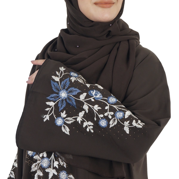 Humeira Abaya Dubai Leaf Style Embroidery Work Burkha in Al Firdous Fabric - 54, Brown, 300 gms