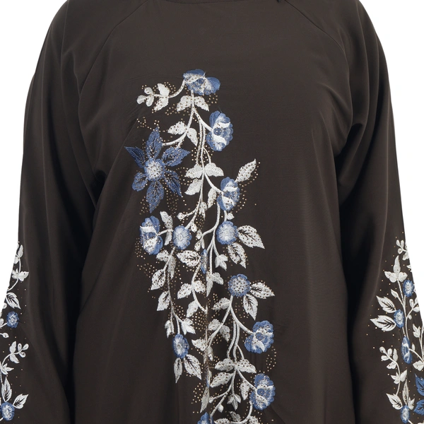 Humeira Abaya Dubai Leaf Style Embroidery Work Burkha in Al Firdous Fabric - 54, Brown, 300 gms