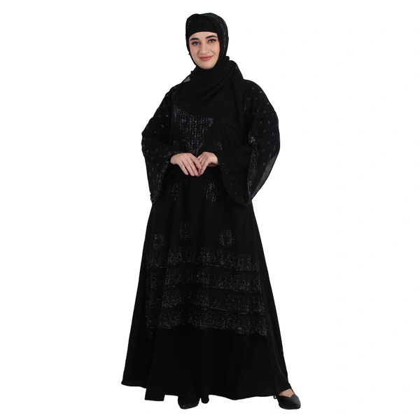 Humeira Abaya Dubai Style Heavy Pearl Work Abaya Burkha in Black to Black Work for Marriage Girl with Dupatta & NosePiece - 54, Black, 300 gms