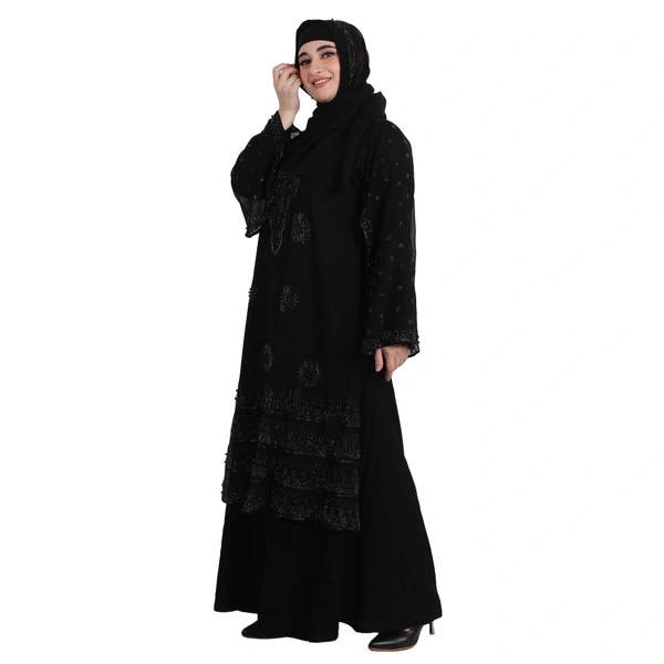 Humeira Abaya Dubai Style Heavy Pearl Work Abaya Burkha in Black to Black Work for Marriage Girl with Dupatta & NosePiece - 54, Black, 300 gms