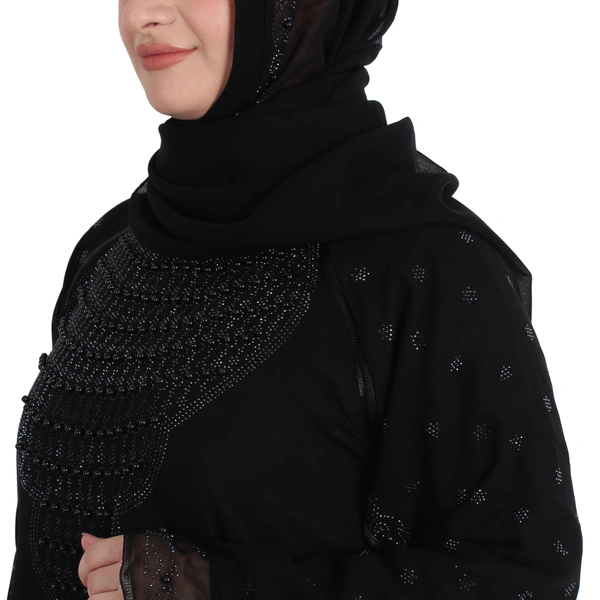 Humeira Abaya Dubai Style Heavy Pearl Work Abaya Burkha in Black to Black Work for Marriage Girl with Dupatta & NosePiece - 54, Black, 300 gms