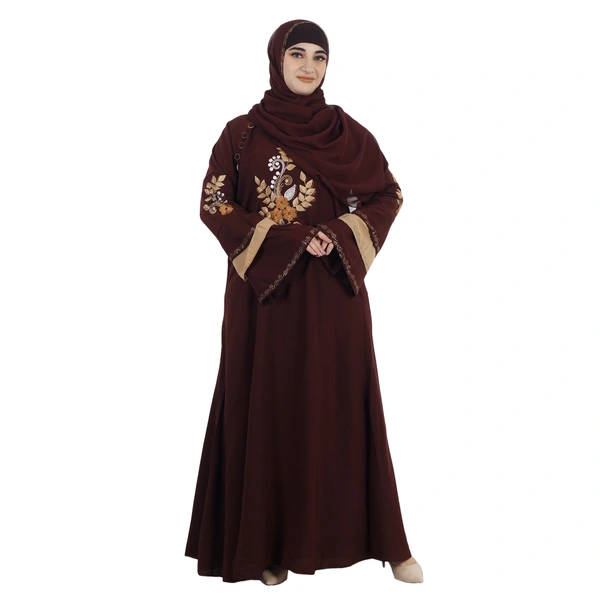 Humeira Abaya Dubai Style Sleeves & Front Simple Embroidery Burkha in Al Nida Fabric - 54, Maroon, 300 gms
