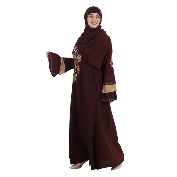 Humeira Abaya Dubai Style Sleeves & Front Simple Embroidery Burkha in Al Nida Fabric - 54, Maroon, 300 gms