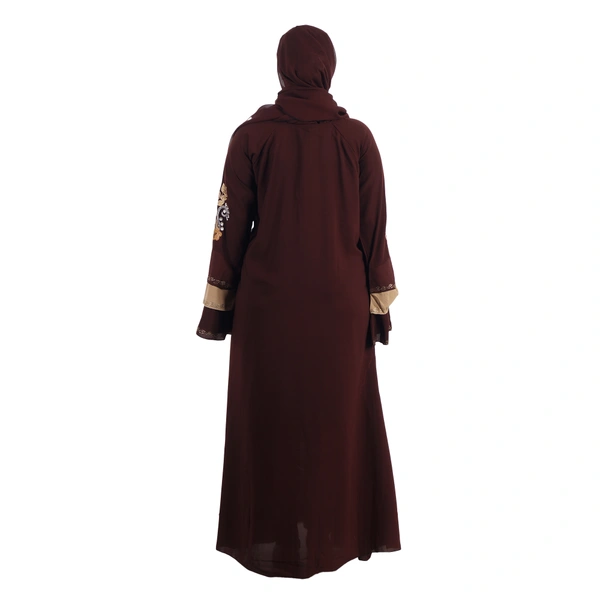 Humeira Abaya Dubai Style Sleeves & Front Simple Embroidery Burkha in Al Nida Fabric - 54, Maroon, 300 gms