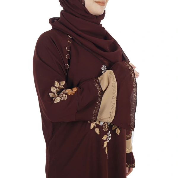 Humeira Abaya Dubai Style Sleeves & Front Simple Embroidery Burkha in Al Nida Fabric - 54, Maroon, 300 gms
