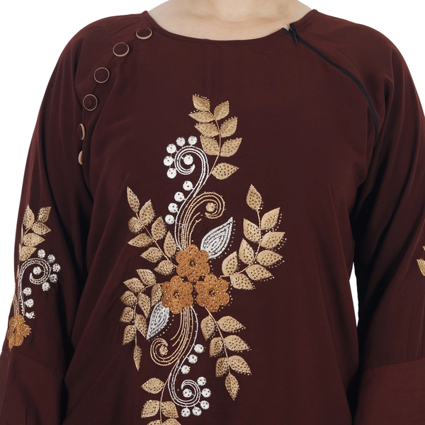 Humeira Abaya Dubai Style Sleeves & Front Simple Embroidery Burkha in Al Nida Fabric - 54, Maroon, 300 gms