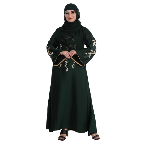 Humeira Abaya Dubai Style Green Leaf Embroidery & Stone Work Abaya in Al Nida Fabric - 54, Green, 300 gms