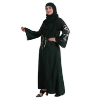 Humeira Abaya Dubai Style Green Leaf Embroidery & Stone Work Abaya in Al Nida Fabric - 54, Green, 300 gms