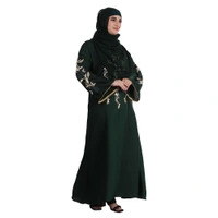 Humeira Abaya Dubai Style Green Leaf Embroidery & Stone Work Abaya in Al Nida Fabric - 54, Green, 300 gms