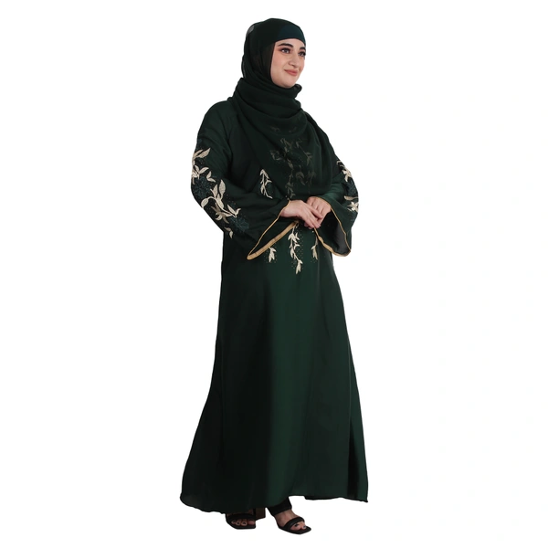 Humeira Abaya Dubai Style Green Leaf Embroidery & Stone Work Abaya in Al Nida Fabric - 54, Green, 300 gms