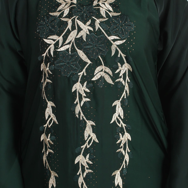 Humeira Abaya Dubai Style Green Leaf Embroidery & Stone Work Abaya in Al Nida Fabric - 54, Green, 300 gms