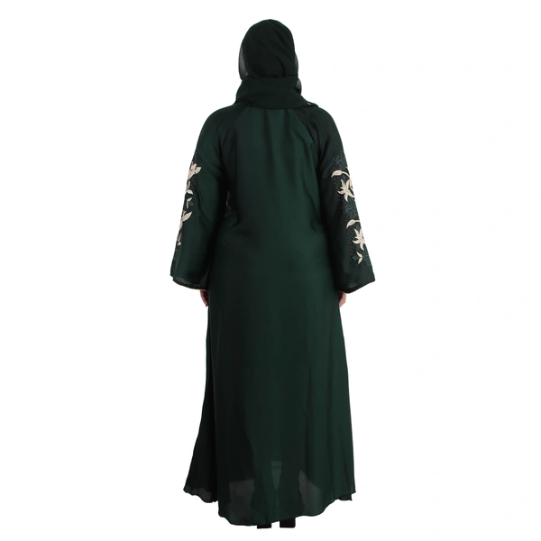 Humeira Abaya Dubai Style Green Leaf Embroidery & Stone Work Abaya in Al Nida Fabric - 54, Green, 300 gms
