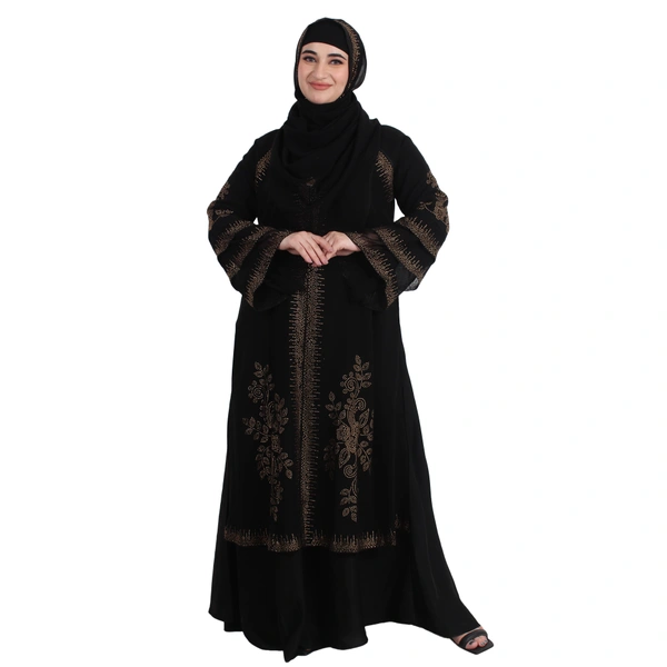 Humeira Abaya Dubai Style Coat Type Shirag Abaya in Al Nida Fabric With Dupatta & NosePiece - 54, Black, 300 gms