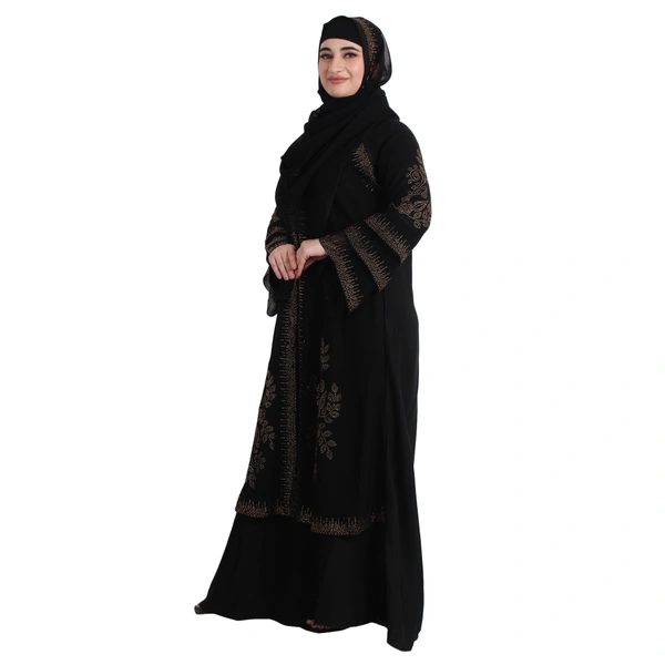 Humeira Abaya Dubai Style Coat Type Shirag Abaya in Al Nida Fabric With Dupatta & NosePiece - 54, Black, 300 gms