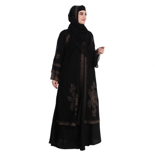 Humeira Abaya Dubai Style Coat Type Shirag Abaya in Al Nida Fabric With Dupatta & NosePiece - 54, Black, 300 gms