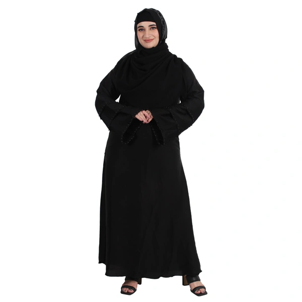 Humeira Abaya Dubai Style Simple 3 Layer Sleeves Pearl Work Abaya in Al Nida Fabric - 54, Black, 300 gms