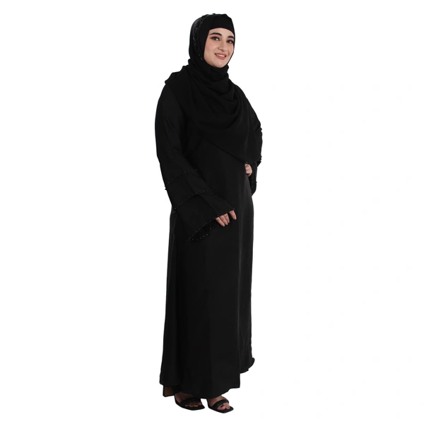 Humeira Abaya Dubai Style Simple 3 Layer Sleeves Pearl Work Abaya in Al Nida Fabric - 54, Black, 300 gms