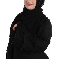 Humeira Abaya Dubai Style Simple 3 Layer Sleeves Pearl Work Abaya in Al Nida Fabric - 54, Black, 300 gms