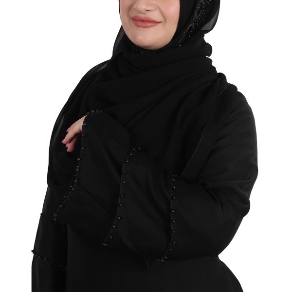 Humeira Abaya Dubai Style Simple 3 Layer Sleeves Pearl Work Abaya in Al Nida Fabric - 54, Black, 300 gms