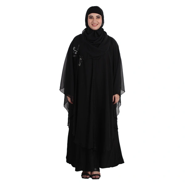 Humeira Abaya Dubai Style Simple Pearl (Moti) Farasha in Al Nida Fabric With Self Atteched Dupatta - 54, Black, 300 gms