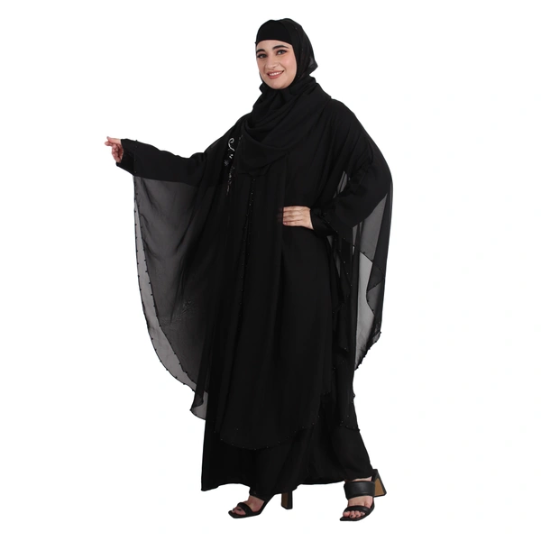 Humeira Abaya Dubai Style Simple Pearl (Moti) Farasha in Al Nida Fabric With Self Atteched Dupatta - 54, Black, 300 gms