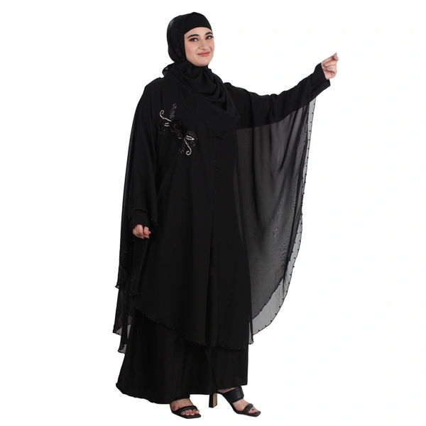 Humeira Abaya Dubai Style Simple Pearl (Moti) Farasha in Al Nida Fabric With Self Atteched Dupatta - 54, Black, 300 gms