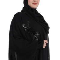 Humeira Abaya Dubai Style Simple Pearl (Moti) Farasha in Al Nida Fabric With Self Atteched Dupatta - 54, Black, 300 gms