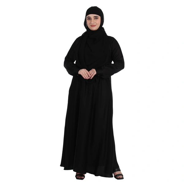 Humeira Abaya Dubai Style Simple Kuff Sleeves Abaya in Al Nida Fabric With Dupatta & NosePiece - 54, Black, 300 gms