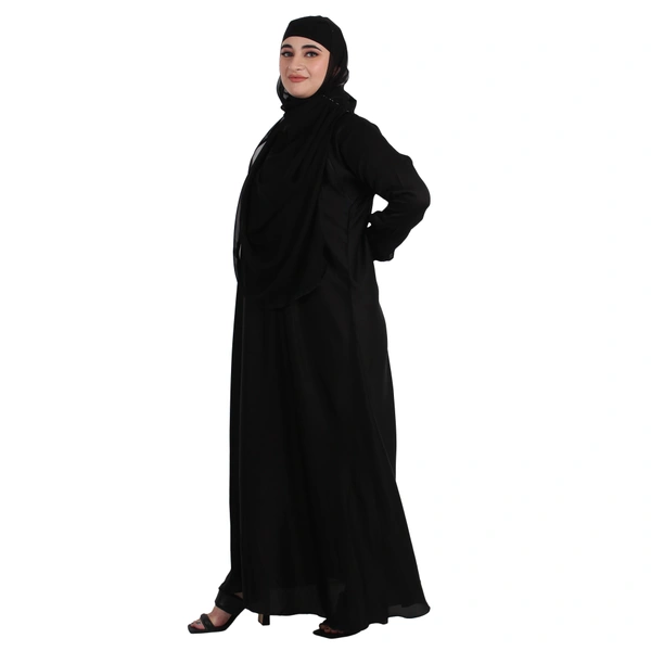 Humeira Abaya Dubai Style Simple Kuff Sleeves Abaya in Al Nida Fabric With Dupatta & NosePiece - 54, Black, 300 gms