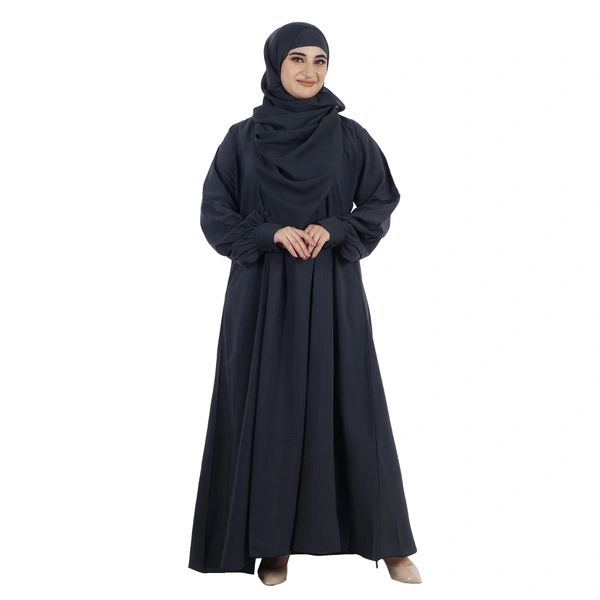 Humeira Abaya Front Frill Upper Button Work Simple Abaya With Cuff Style Sleeves in Al Firdous Fabric - 54, Dark Grey, 300 gms