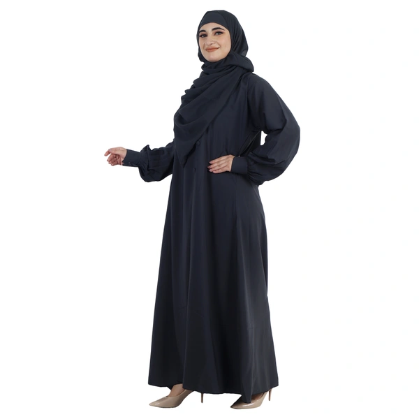 Humeira Abaya Front Frill Upper Button Work Simple Abaya With Cuff Style Sleeves in Al Firdous Fabric - 54, Dark Grey, 300 gms