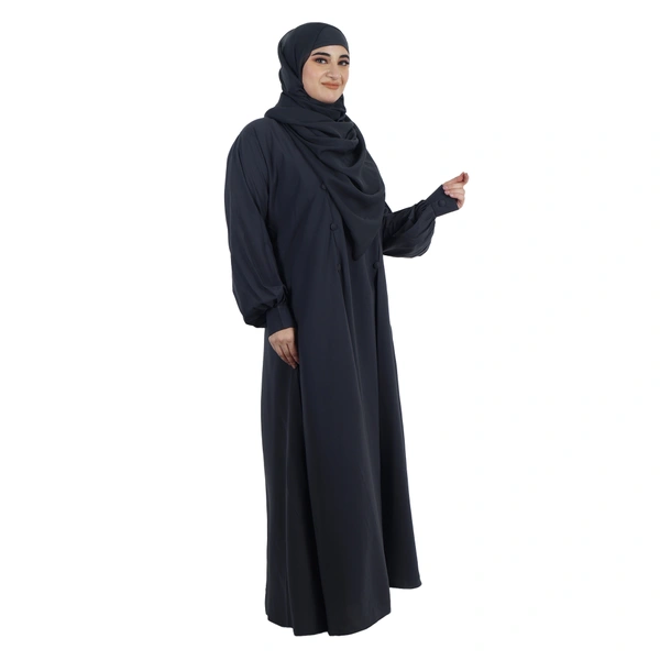 Humeira Abaya Front Frill Upper Button Work Simple Abaya With Cuff Style Sleeves in Al Firdous Fabric - 54, Dark Grey, 300 gms