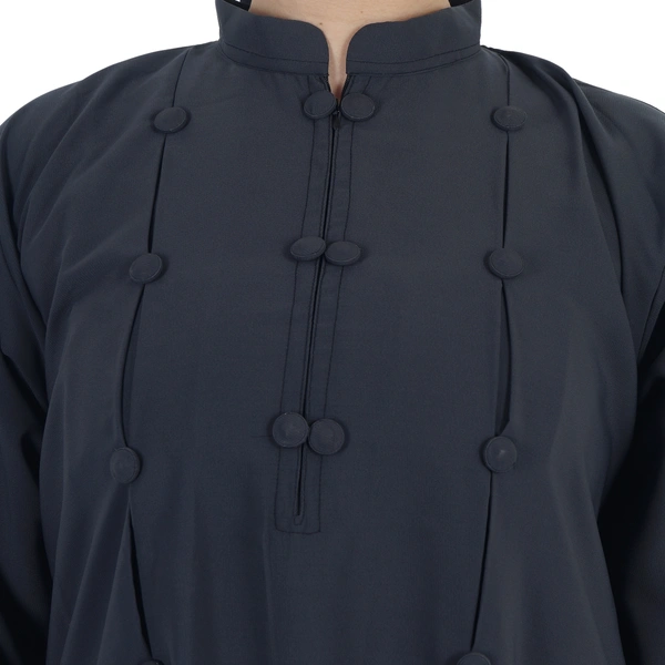 Humeira Abaya Front Frill Upper Button Work Simple Abaya With Cuff Style Sleeves in Al Firdous Fabric - 54, Dark Grey, 300 gms