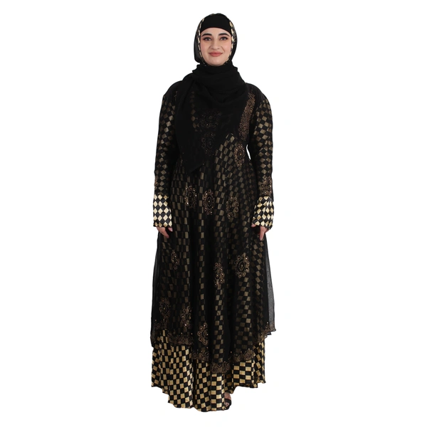 Humeira Abaya Dubai Style Golden Sattan Double Layer Burkha in Sattan Fabric - 54, Black, 300 gms