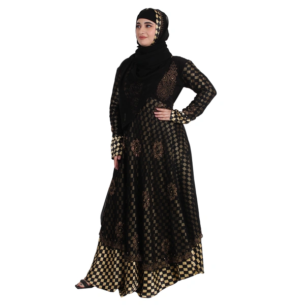 Humeira Abaya Dubai Style Golden Sattan Double Layer Burkha in Sattan Fabric - 54, Black, 300 gms