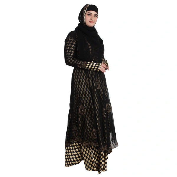 Humeira Abaya Dubai Style Golden Sattan Double Layer Burkha in Sattan Fabric - 54, Black, 300 gms