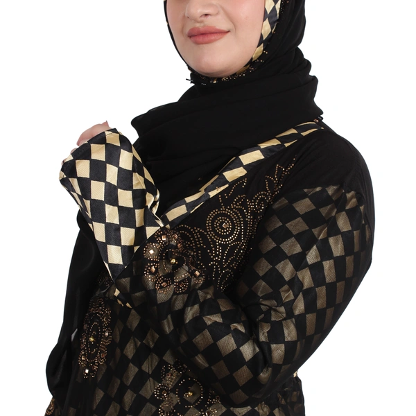Humeira Abaya Dubai Style Golden Sattan Double Layer Burkha in Sattan Fabric - 54, Black, 300 gms