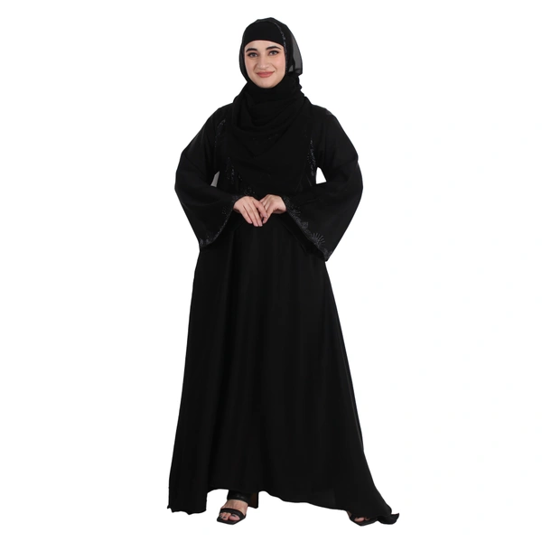 Humeira Abaya Dubai Style Simple Buta Burkha in Al Nida Fabric WIth Stone Work - 54, Black, 300 gms