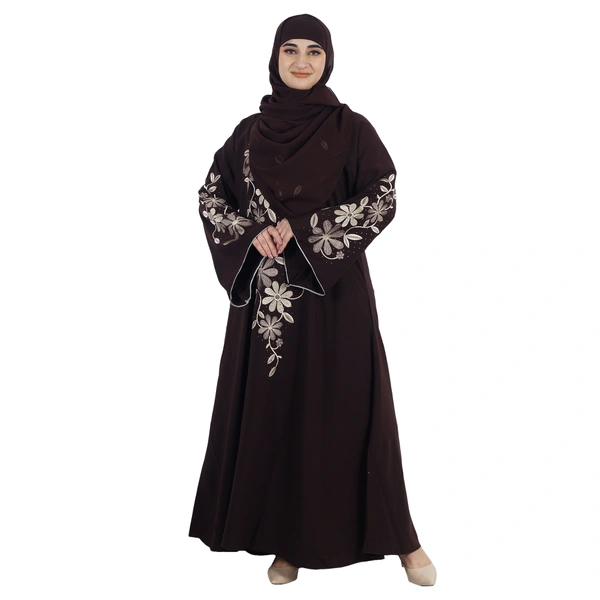 Humeira Abaya Dubai Style Long Embroidery on Front & Sleeves With Stone Work in Al Firdous Fabric - 54, Brown, 300 gms