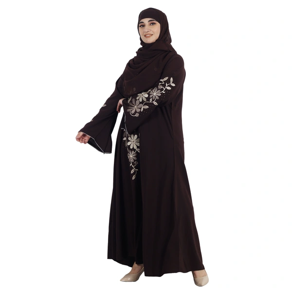 Humeira Abaya Dubai Style Long Embroidery on Front & Sleeves With Stone Work in Al Firdous Fabric - 54, Brown, 300 gms