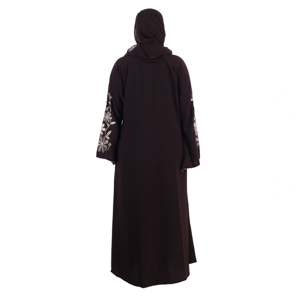 Humeira Abaya Dubai Style Long Embroidery on Front & Sleeves With Stone Work in Al Firdous Fabric - 54, Brown, 300 gms