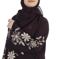 Humeira Abaya Dubai Style Long Embroidery on Front & Sleeves With Stone Work in Al Firdous Fabric - 54, Brown, 300 gms