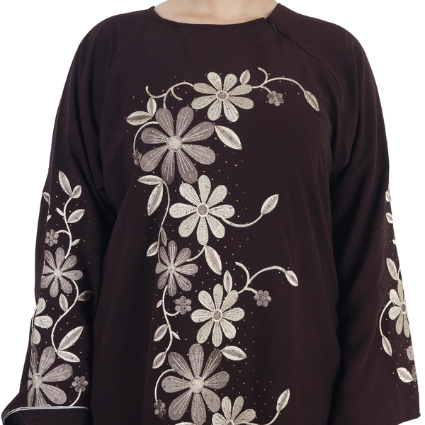 Humeira Abaya Dubai Style Long Embroidery on Front & Sleeves With Stone Work in Al Firdous Fabric - 54, Brown, 300 gms
