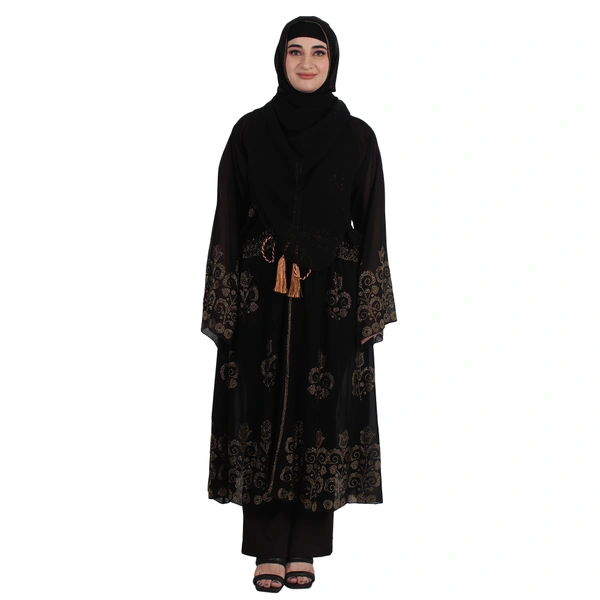 Humeira Abaya Dubai Style 2 in 1 Abaya With One Simple & Other Coat Heavy M S Stone Worked Burkha with Best Quality of Fabric - 54, Black, 300 gms